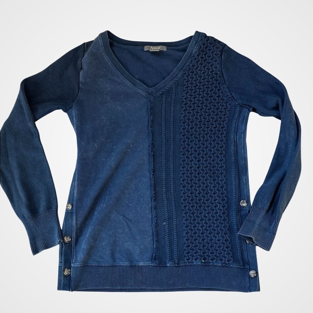 Naturals Reflections Blue Mineral‎ Wash Mixed Media Sweater S Coastal Nautical